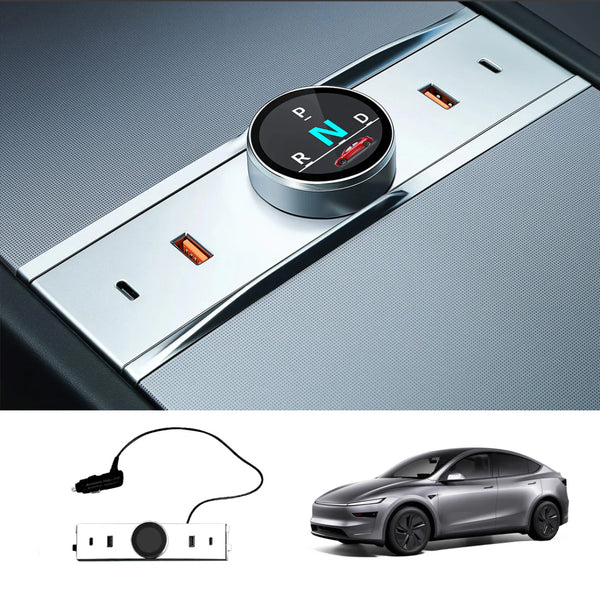 A silver rotating gear shift dock USB hub designed for a Tesla, displayed in its place within a car interior, with an additional USB cable and a Tesla car silhouette illustrated separately.
