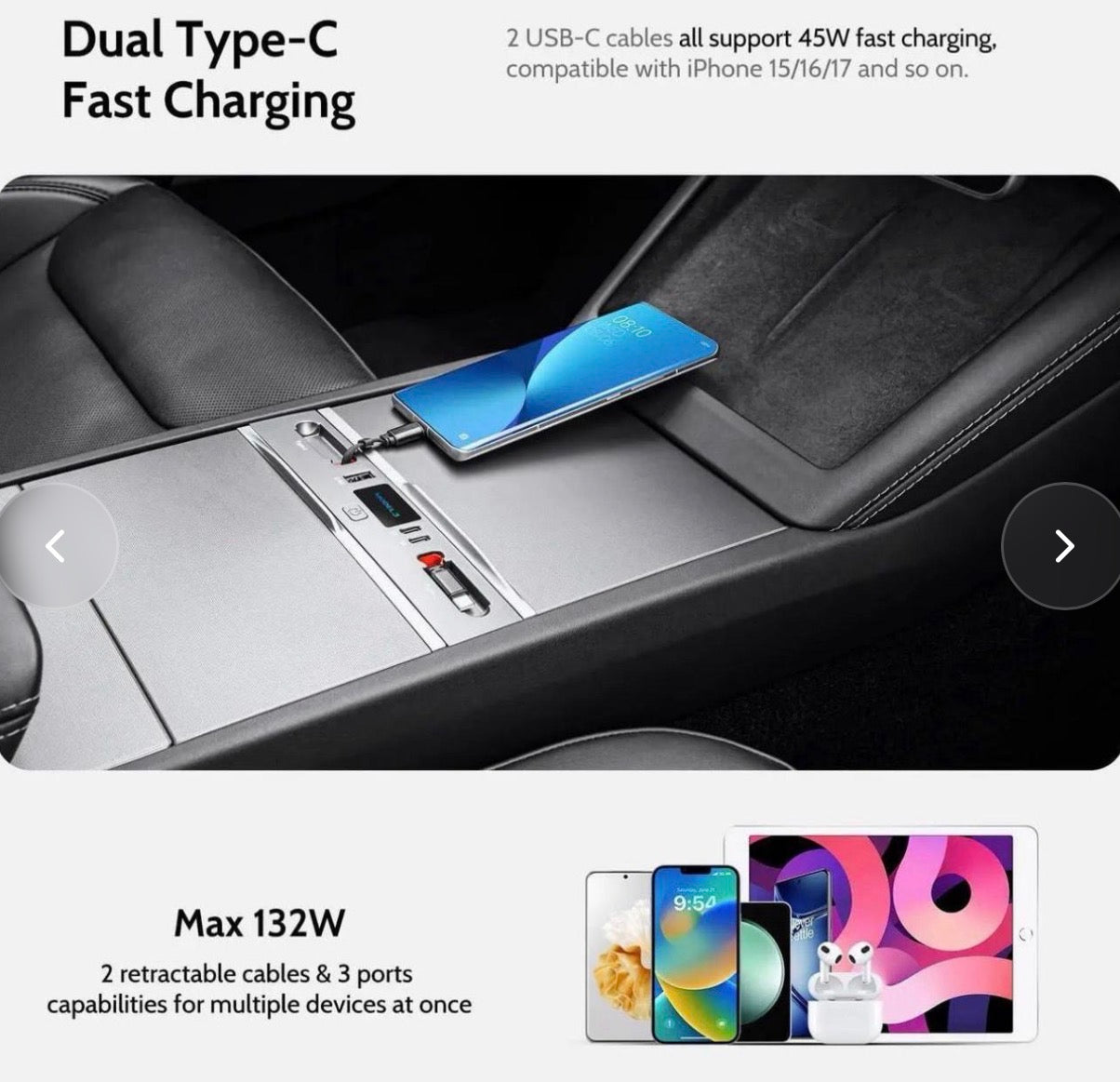USB Charger Dispenser Compatible with Tesla Model 3 Highland 2024-2025/Model YJuniper 2025 2026, Retractable Mobile Charger with 4 Ports