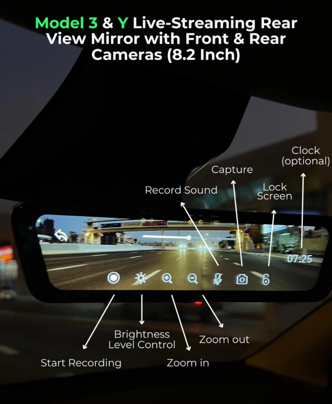 Model 3 & Y Live-Streaming Rear View Mirror with Front & Rear Cameras (8.2 Inch)