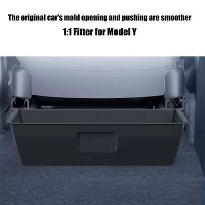 Car storage box with text about mold opening and fitting for Model Y